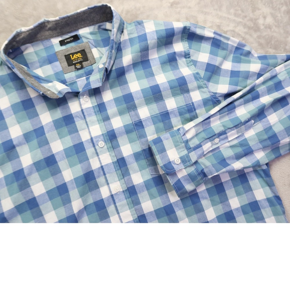 Lee Button Shirt Size XXL 2XL Stretch Regular Fit‎ Blue Plaid Cowboy Homesteader